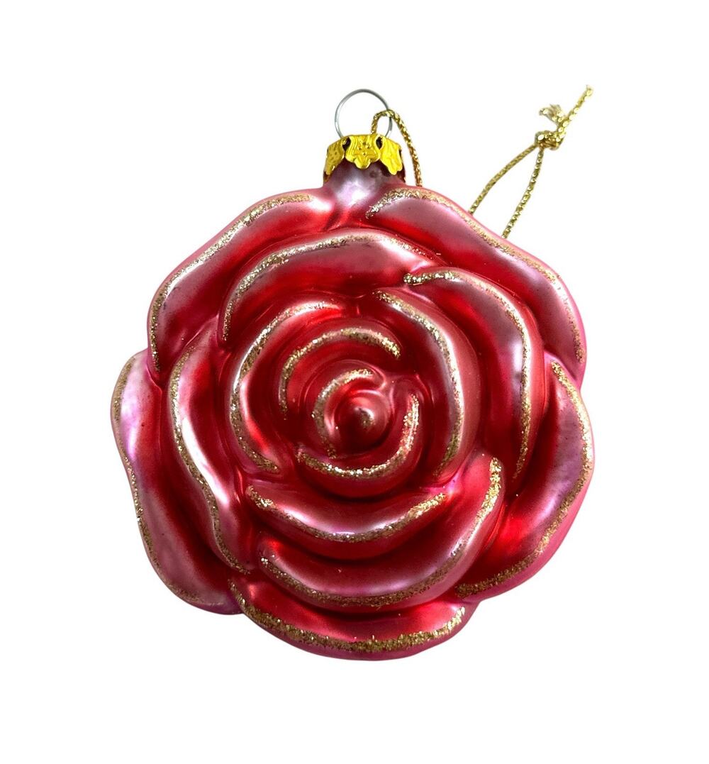 Pink Blown Glass Rose Christmas Ornament Gold Glitter Flower 3”
